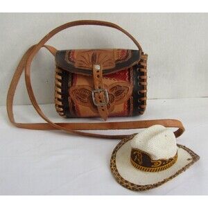 Western Crossbody Mini Brown Tooled Leather Purse with Miniature Hat